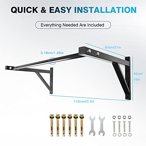 IRONWALLS Wall Mounted Pull Up Bar Heavy Duty, 500LBS Capacity | Wall Mount Chin Up Bar for Strength Training, Home Gym, Steel Upper Body Workout Equipment for Indoor Outdoor
