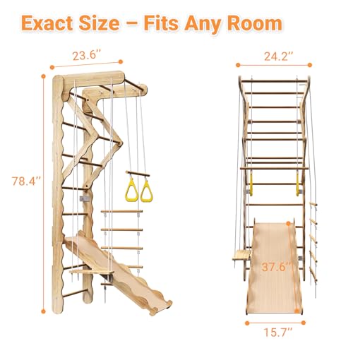5-in-1 Wooden Indoor Jungle Gym for Kids, Wall-Mounted Swedish Ladder with Pull-Up Bar, Rings, Swing, and Slide – Montessori-Inspired Kids Playset for Fun & Development, Ages 3-8 - size: 5-in-1