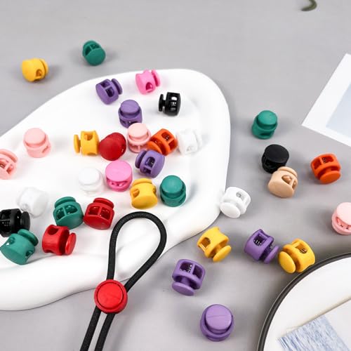 100 Pcs Coloful Plastic Spring Cord Locks for Drawstrings Double Hole Fastener Silder Toggles Clips for Buckle