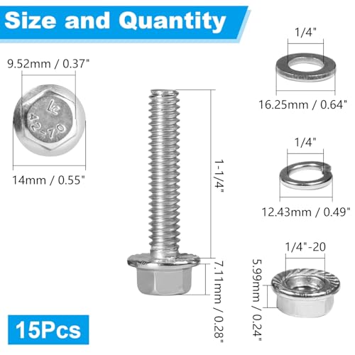 15 Sets 1/4-20 x 1-1/4" Flanged Hex Head Bolts Kits, 1/4-20 Flange Hexagon Screws and Nuts,Flat & Spring Lock Washers, 304 Stainless Steel 18-8,Fully Threaded - size: 1/4-20 x 1-1/4"