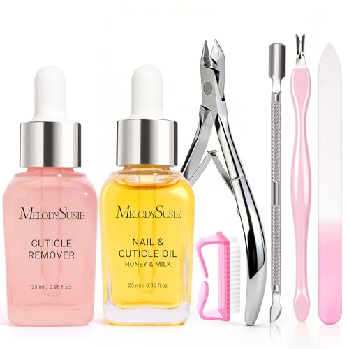 MelodySusie Cuticle Remover Kit 25ML Cuticle Remover Cream and Oil | Cuticle Nipper,Trimmer Pusher,Nail File and Brush for Cuticle Softener & Moisturize Manicure Kit for Nail Care - size: 7Pcs Milk & Honey