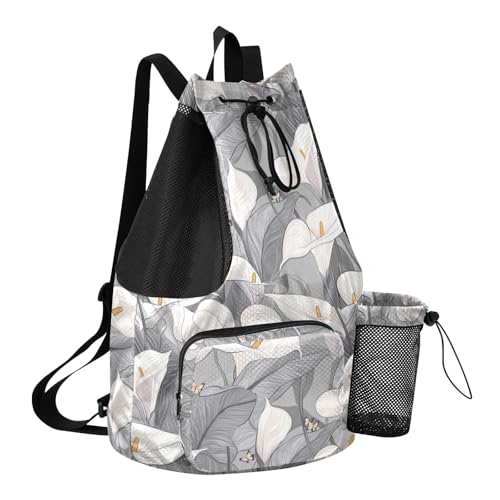 Drawstring Bags Climbing Gym Bag With Pockets String Bookbag Waterproof Safari Calla Lily Grey Flower