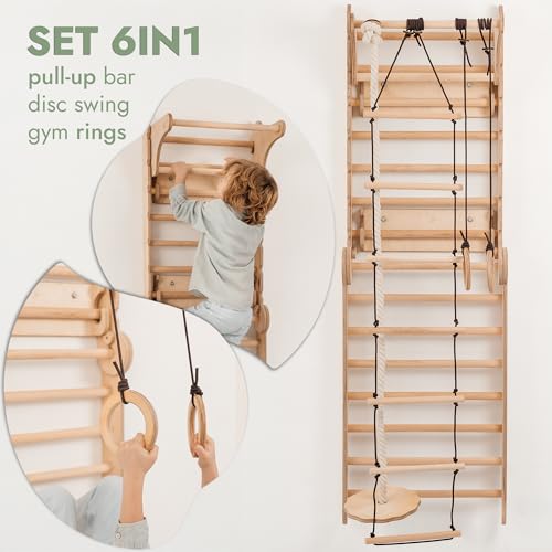 6-in-1 Indoor Playground for Kids – Wooden Swedish Wall, Climbing Ladder, Slide, Swing, Gymnastics Rings, Rock Climbing Wall – Jungle Gym Play Set for Ages 2-12 - size: Swedish Wall