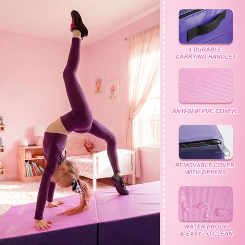 Kangaroo Hoppers Gymnastics Cheese Wedge Mat for Kids Ages 1-12 | 3 Sizes Folding Incline Mat with High-Density EPE Foam and Removable PVC Leather Cover, Home Gym Training Equipment - color: Purple/Pink, size: 34" x 24" x 13"