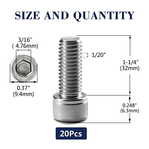 1/4-20 x 1-1/4" Socket Head Cap Screws Bolts, 20Pcs 304 Stainless Steel 18-8, Allen Socket Hex Drive, Full Thread, Bright Finish by SG TZH(with Hex Spanner) - size: 1/4-20 x 1-1/4"