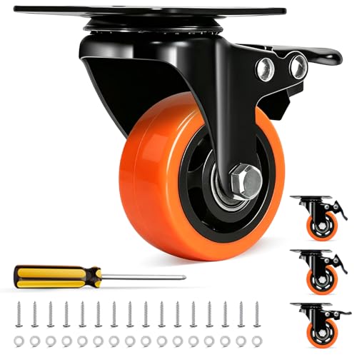QNCZ Caster Wheels, 3 Inch Heavy Duty Casters Set of 4, Silent Industrial Casters Load 1500lbs, Swivel Casters for Furniture, Workbench and Cart Wheels | Easy to Install, Efficient operation, convenient braking,Silent, Floor friendly,Widely Applied for Ca
