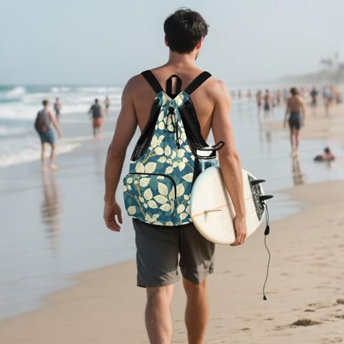 Draw String Back Bag Climbing Gym Bag With Pockets String Back Pack Dry Wet Separation Thyme Leaf Beige Teal