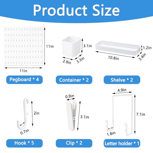 Plastic 15pcs Pegboard Wall Organizer Kit, 11x11, White | peg board storage system, modular kit for shop, shed and garage, wall mount board with accessories