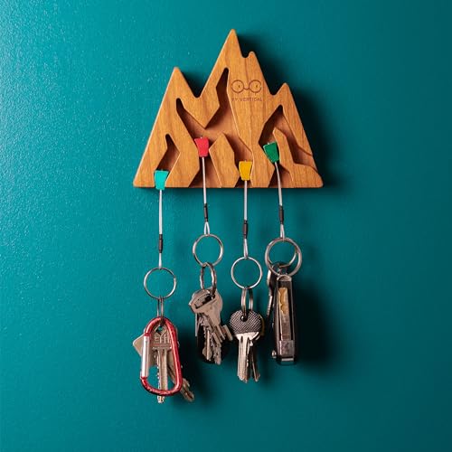 YY Vertical Mountain Decor Keyholder in Wood Wall Decor Ideal Gifts for Mountain Climbers 4 Key Rings Included Perfect for Mountain Lovers