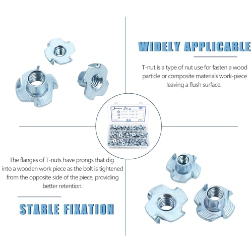 T Nuts 1/4"-20, 5/16"-18, 3/8"-16, Jovlalis 160 pcs Zinc Plated Steel T-Nut 4 Pronged Tee Blind Nuts Assortment Kit for Wood, Rock Climbing Holds, Cabinetry, Furniture