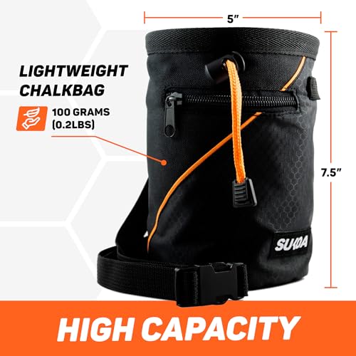 Chalk Bag for Rock Climbing - Rock Climbing Gifts Gear Accessories - Quick-Clip Belt, Large Zippered Pockets & Brush Holder - Weight Lifting, Gym, Bouldering, Disc Golf, Wall, Rock Climbing Chalk Bag - color: Sukoa Orange