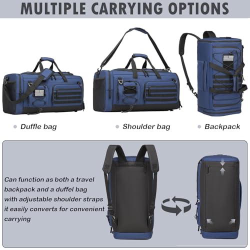 50L Tactical Gym Bag for Men and Women with Shoe & Laptop Compartment | Extra Large Duffle Bag, 3-in-1 Travel Sports Duffel Bags MOLLE Weekender Overnight Bag for Gym, Travel, Black+ Blue - color: Black+Blue