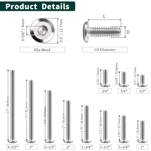 1/4-20 x 1-1/2" Hex Socket Head Cap Screws, 304 Stainless Steel 18-8, Chamfered Countersunk Machine Screws for Furniture, Binding, Machinery, Automotive, DIY Projects, 25 PCS - size: 1/4-20 x 1-1/2"