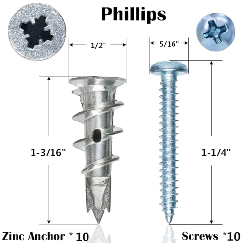 #8 Metal Zinc Self Drilling Hollow Metal Wall Anchors and Screws Kit | 10 No Pre Drill Hole Required Heavy Duty Drywall Anchors, 10 #8 x 1-1/4'' Screws for Drywall Hanging/Mounting-Hold Upto 75lbs - size: Silver Metal