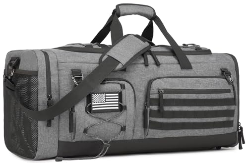 50L Tactical Gym Bag for Men and Women with Shoe & Laptop Compartment | Extra Large Duffle Bag, 3-in-1 Travel Sports Duffel Bags MOLLE Weekender Overnight Bag for Gym, Travel, Black + Gray - color: Black + Gray