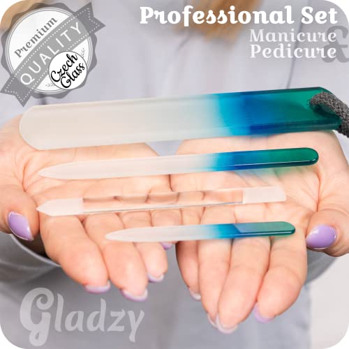 GLADZY Genuine Czech Glass Nail File Set - Callus Remover Foot Rasp, Cuticle Pusher Manicure Stick, Double Sided Etched Different Grit Surface, Professional Nail Care Tool, Made in EU - color: All-in-one Set- Green Aqua