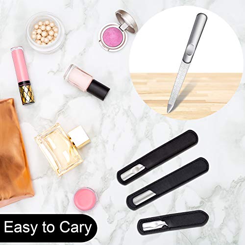 3 Pcs Stainless Steel Nail Files Kit with Leather Case, Double Sided Metal Nail Files with Anti-Slip Handle for Women and Men, Metal File Buffer Manicure Pedicure Tools for Fingernail Toenail(Black) - color: Black