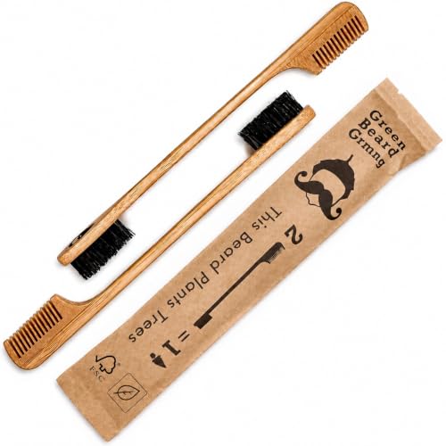 2-in-1 Sapling Mustache Brush & Comb (2-pack) from Green Beard Grmng - Boar Bristle & Bamboo