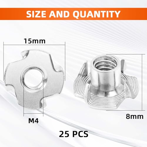 M4 T-Nut, Barrel Length 7mm, 304 Stainless Steel Threaded Insert, 4-Pronged Tee Nut for Wood, Rock Climbing Holds, Cabinetry, Furniture, 25 PCS - size: M4