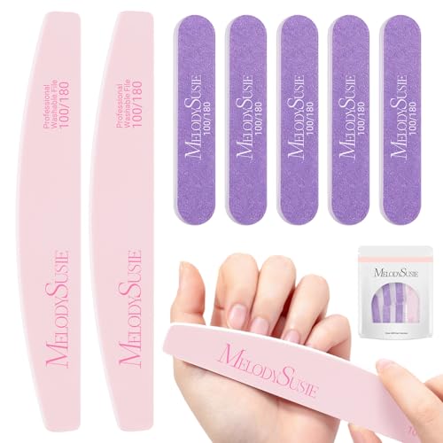 MelodySusie 7Pcs Nail Files 100/180 Grit Emery Boards Pink & Purple | 2 Standard 5 Mini Mixed-Shape, Double Sided, Acrylic Gel Natural Nails, Home and Salon Care - size: 7Pcs Half-moon Shape