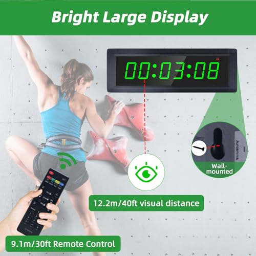 Gym Timer Clock with Remote Control & Push Button,7 RGB Color, Programmable Interval Timer, Countdown/Up Stopwatch,Wall Clock for Home Gym Garage,Portable Training Accessories(Plug-in) - style: plug-in