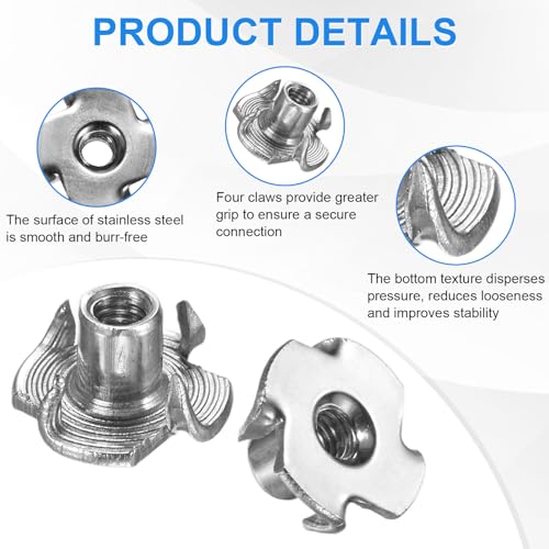 M METERXITY 10-Pack M4x7.8mm T-nut, 4-Pronged Tee Nut Threaded Insert | Stainless Steel, for Wood, Rock Climbing Holds, Furniture, Corrosion Resistant Fasteners - size: M4x7.8mm
