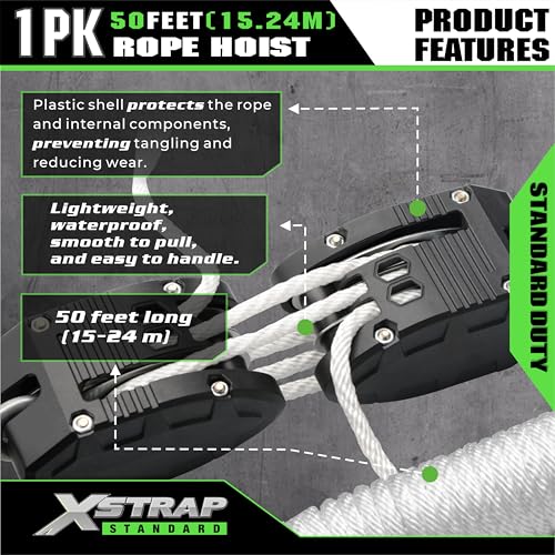XSTRAP STANDARD Heavy-Duty Block and Tackle Pulley System, 1000 LB Working Load, 2000 LB Break Strength, 50 FT Rope Hoist with 2 Soft Loops for Garage, Hunting & DIY Attic Lift, White - color: 50 Ft+Black White+2 Soft Loops