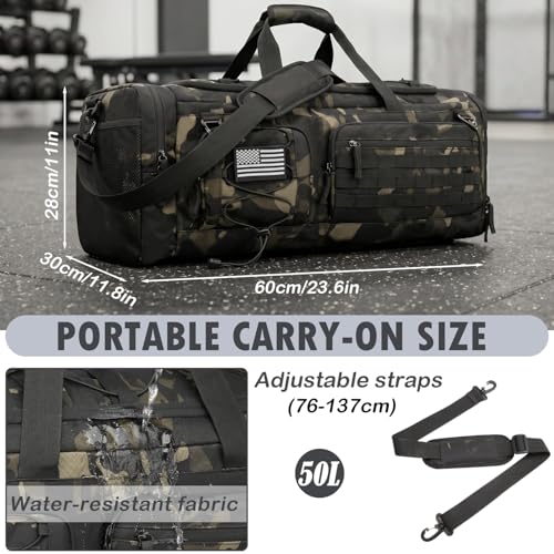 50L Tactical Gym Bag for Men and Women with Shoe & Laptop Compartment | Extra Large Duffle Bag, 3-in-1 Travel Sports Duffel Bags MOLLE Weekender Overnight Bag for Gym, Travel, Black CM - color: Black CM