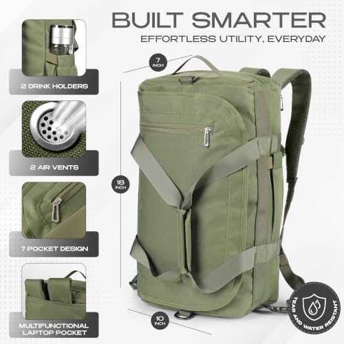 3-in-1 Duffle Bag Backpack with Shoe & Laptop Pocket, Cup Holder, Ventilated Gym & Travel Bag (Dark Green) - color: Dark Green