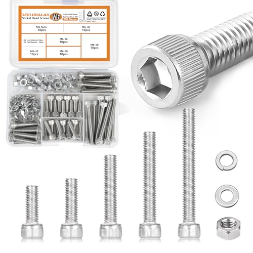 200 PCS M6 Screws Assortment Kit, Hex Socket Head Screws Nuts Bolts and Washers Set, 304 Stainless Steel Metric Machine Screws,16/20/30/40/45/50mm Metric Hex Head Socket Cap Bolt & Nut Assortment - size: M6 - 200PCS
