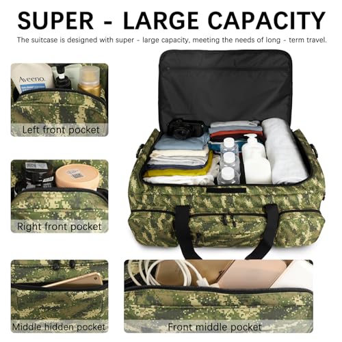 120L 3 Wheel Tactical Rolling Duffle Bag, Heavy Duty Military Deployment Luggage, 900D Waterproof Duffel for Camping Travel Outdoor Sports - color: Camo Light Green
