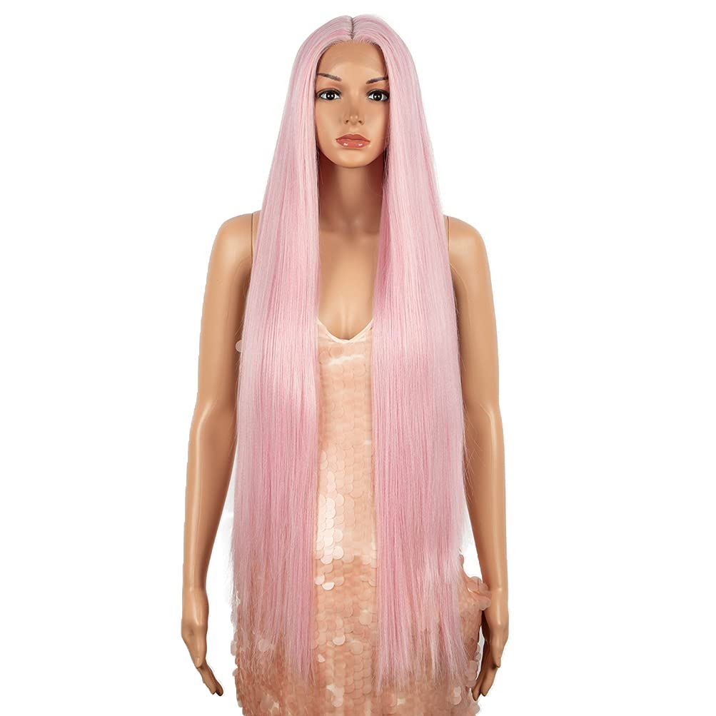 Style Icon 38'' Super Long Straight Wigs Lace Front Wigs 6'' Deeper Middle Part Lace Hairline Pink Wig (38'', Pink15)