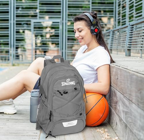 Spalding Basketball Backpack Sports Bag | Large Black Backpack with Shoe and Ball Compartment | Gifts for Basketball Players - color: Grey