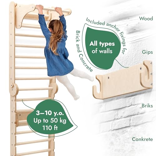 6-in-1 Indoor Playground for Kids – Wooden Swedish Wall, Climbing Ladder, Slide, Swing, Gymnastics Rings, Rock Climbing Wall – Jungle Gym Play Set for Ages 2-12 - size: Swedish Wall