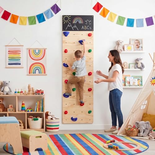 Rock Climbing Wall for Kids, 82.5 x 23.6 Inch Indoor Gym Playground Play Set with Drawing Blackboard, Wooden Climber & 18 Holds, Rock Wall for Home Gym Kids Ages 3+ Years, Easy Assembly
