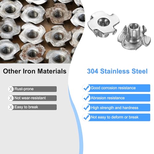 M METERXITY 10-Pack M4x7.8mm T-nut, 4-Pronged Tee Nut Threaded Insert | Stainless Steel, for Wood, Rock Climbing Holds, Furniture, Corrosion Resistant Fasteners - size: M4x7.8mm