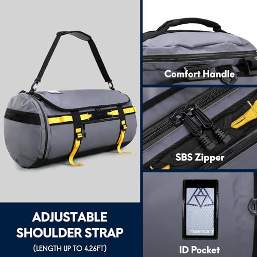 Haimont Heavy Duty Convertible Travel Duffel Backpack, Grey, 45L | Shoe Compartment, Water-Resistant Tarpaulin, Wide U-Shaped Opening - color: Grey, size: 60L