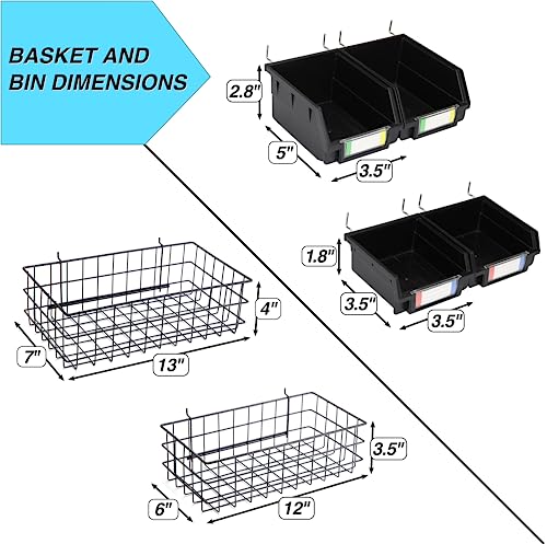 Peg Board Hooks for Hanging Tools with Bins and Baskets – Tool Organization Accessories Kit – Organizer Set of 1 inch, 2 inch, 4 inch L Hooks, J Hook, Pliers Rack, Screwdriver Holder - size: Set w/ Baskets+Bins