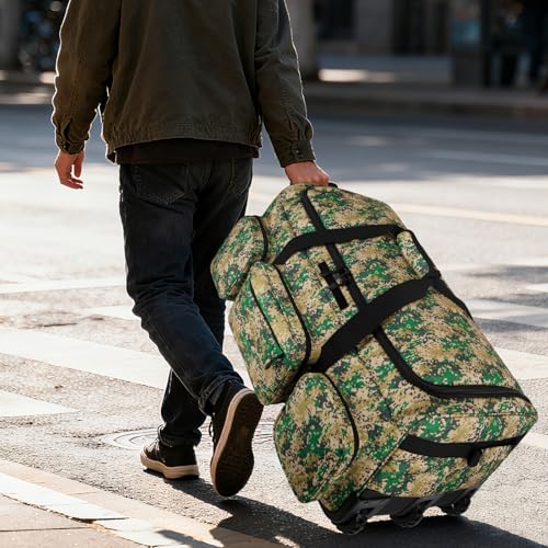 120L 3 Wheel Tactical Rolling Duffle Bag, Heavy Duty Military Deployment Luggage, 900D Waterproof Duffel for Camping Travel Outdoor Sports - color: Camo Green