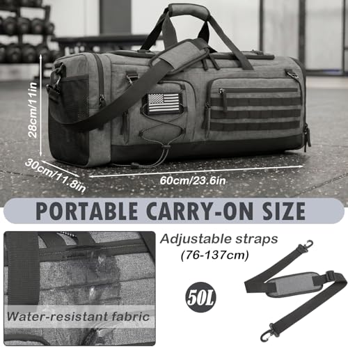 50L Tactical Gym Bag for Men and Women with Shoe & Laptop Compartment | Extra Large Duffle Bag, 3-in-1 Travel Sports Duffel Bags MOLLE Weekender Overnight Bag for Gym, Travel, Black + Gray - color: Black + Gray