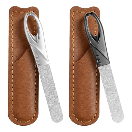 2 Pack Metal Nail File with Case, Stainless Steel Nail File for Men, Double Sided Metal Fingernail Files (Silver, Black)