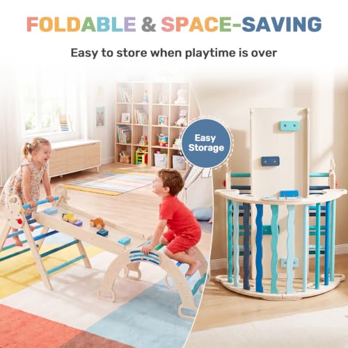 Pikler Triangle Set, 9-in-1 Foldable Montessori Climbing Toys for Toddlers, Wooden Indoor Playground with Climbing Arch, Reversible Ramp, Ladder, Toy Cars and Blocks, Blue - color: Blue