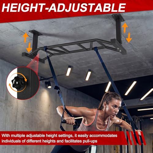 47 Inch Ceiling Mounted Pull Up Bar Adjustable Height&Supports to 600 Lbs Heavy Duty Multi-Grip Chin Up Bar for Home Gym and Strength Training