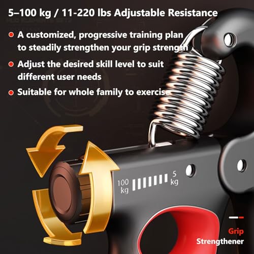 Grip Strength Trainer Forearm Strengthener 11-220 lbs Adjustable Resistance | Automatic Counting, Ergonomic Design, Ideal Device for Grip Strengthening, Arthritis Relief, Hand Physical Therapy & Rehab - color: Red