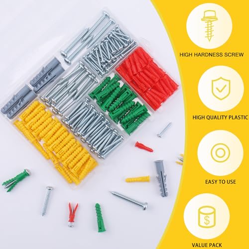 JEGONFRI 208PCS Drywall Anchors & Screws Kit, 4 Sizes, Wall Anchors | Versatile for Various Walls, Rust-Resistant Coating, High Load Capacity, Reusable Case