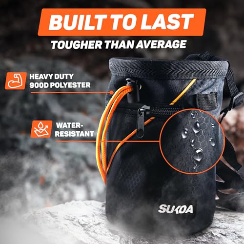 Chalk Bag for Rock Climbing - Rock Climbing Gifts Gear Accessories - Quick-Clip Belt, Large Zippered Pockets & Brush Holder - Weight Lifting, Gym, Bouldering, Disc Golf, Wall, Rock Climbing Chalk Bag - color: Sukoa Orange