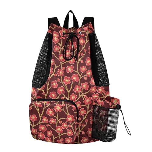 Draw String Back Bag Climbing Gym Bag With Pockets Pull String Bag Waterproof Cherry Blossom Red Brown