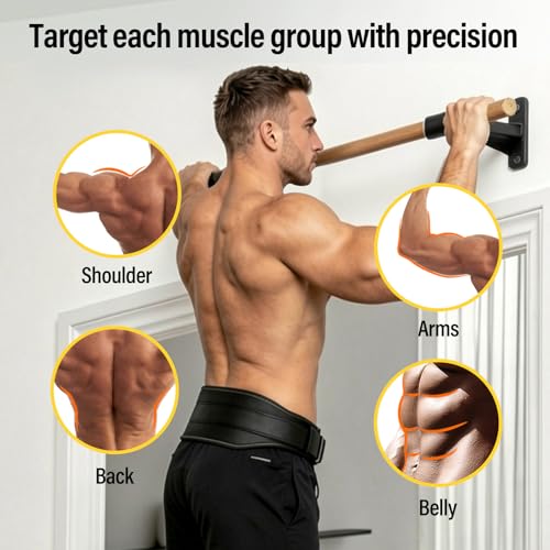 Wall Mounted Pull Up Bar | Solid Wood Pull Up Bar for Home Gym | 286 lb Chin Up Bar with Fischer Anchors | 1.14 in Grip Hanging Bar for Rope & Ab Training