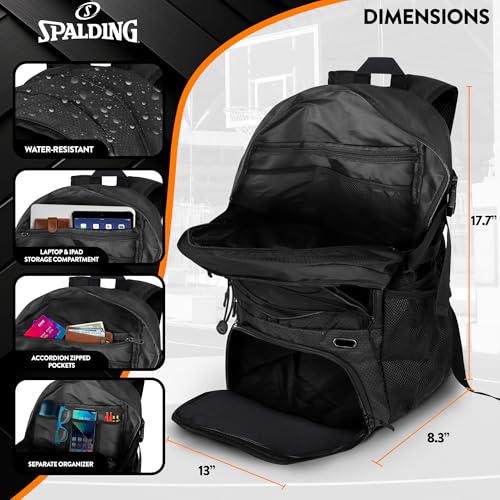 Spalding Basketball Backpack Sports Bag | Large Black Backpack with Shoe and Ball Compartment | Gifts for Basketball Players - color: Black