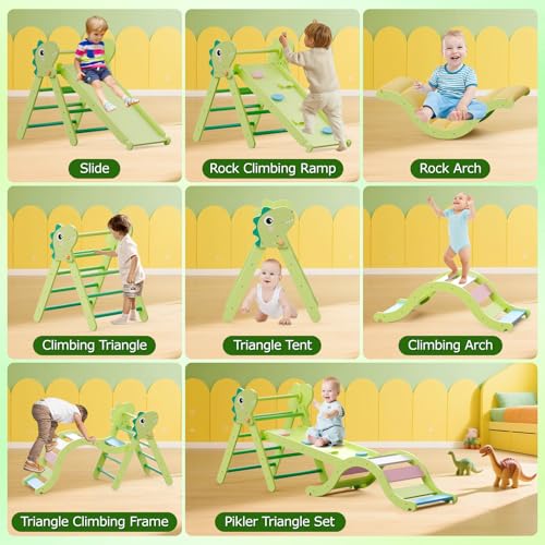 Pikler Triangle Set with Cushion, 9-in-1 Climbing Toys for Toddlers Inside, Foldable Wooden Climbing Toys Indoor Montessori Climbing Set for Toddler 1-3